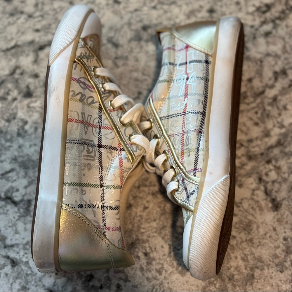 Coach Women's Size 6.5B Barrett Cream Gold Plaid Lace-Up Low Top Sneakers Q322